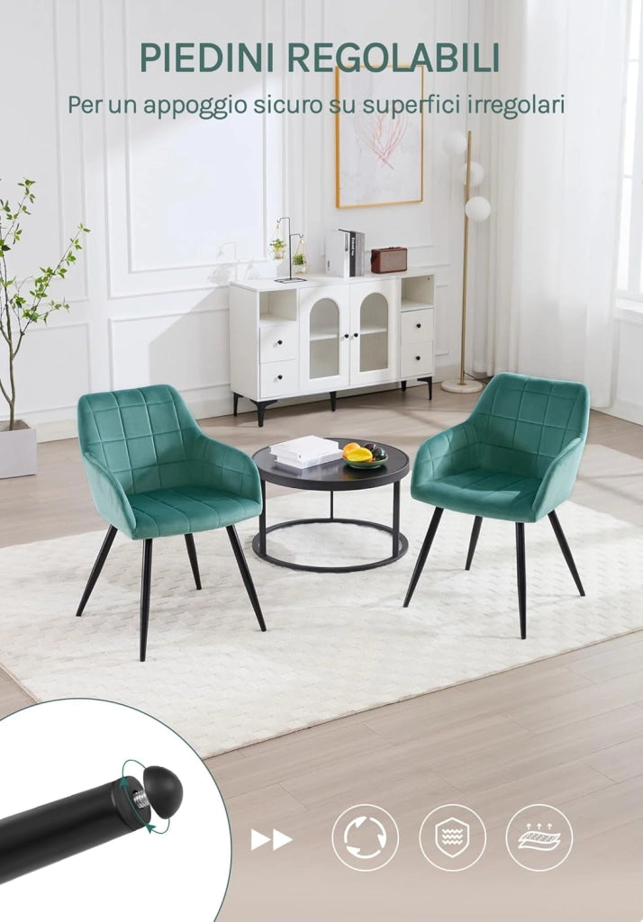 Set di 2 Sedie per Sala da Pranzo Imbottita, Poltroncina in Velluto,Sedia da Cucina con Braccioli e Schienale, Gambe in Metallo, moderne,Azzurro, BH93ts-2