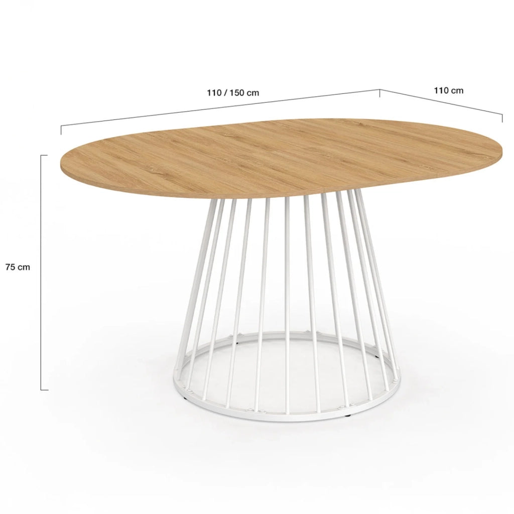 IDMarket - Tavolo da pranzo rotondo allungabile YUNA per 4-8 persone con piano in legno e gamba in filo metallico bianco 110 - 150 cm
