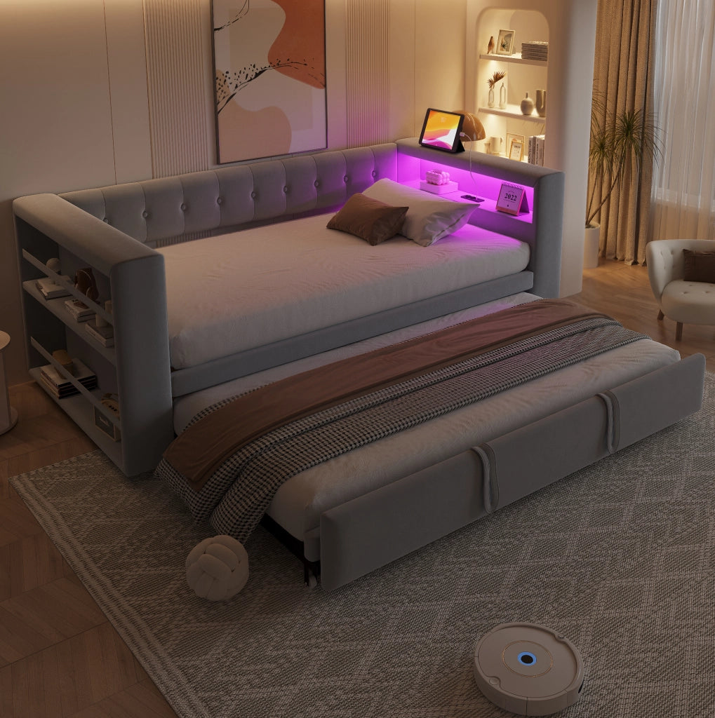 Letto multifunzione imbottito con LED, prese e spazio contenitivo