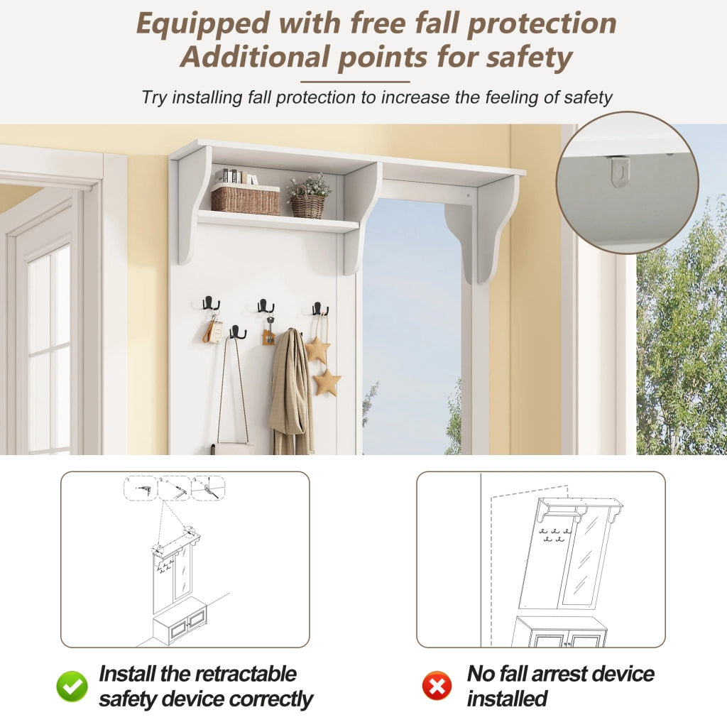 Mobile ingresso con specchio, 5 ganci e 2 vani chiusi, per ingresso, in MDF bianco, 100 × 40 × 180 cm