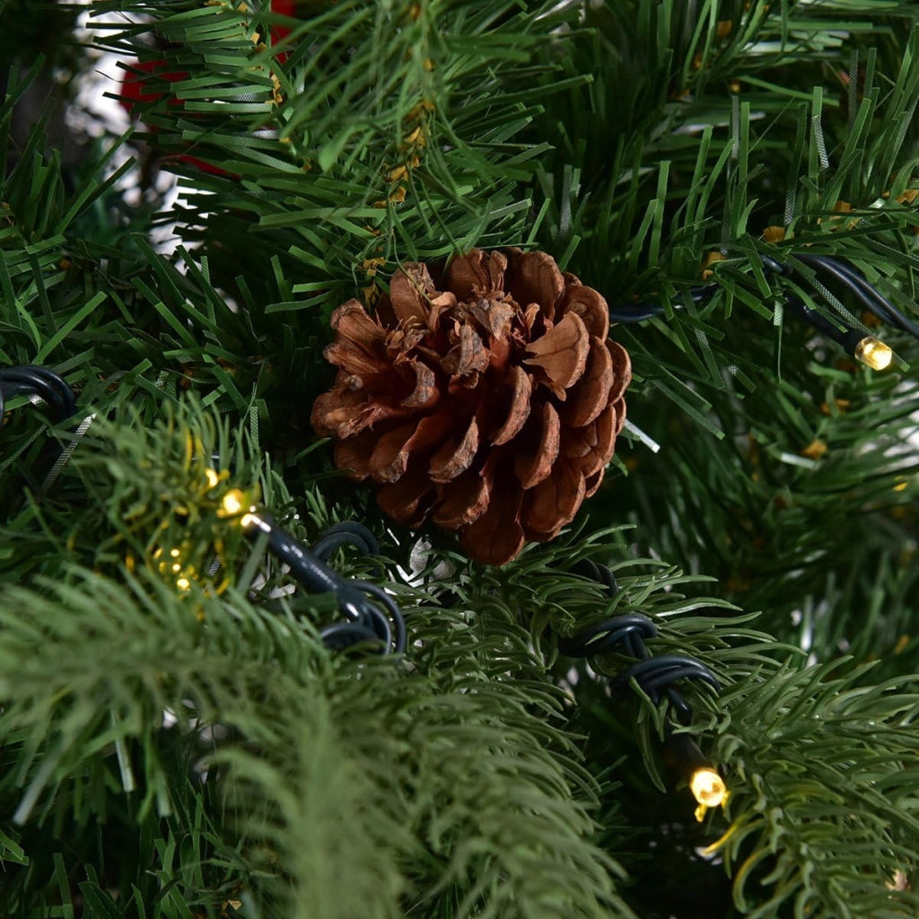 Albero di Natale artificiale, albero di Natale con LED bianco caldo, albero di Natale con supporto in ferro e adattatore, rami densi, albero di Natale con pigne, abete sintetico verde