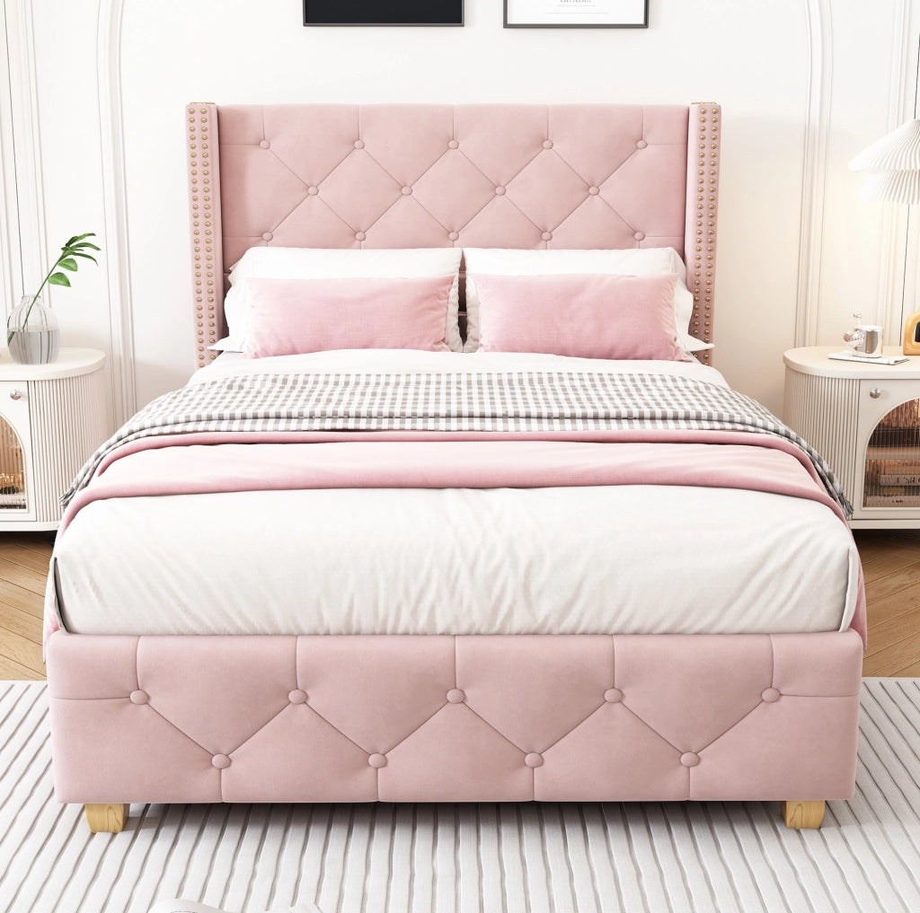 Letto imbottito 90x200 cm; testiera capitonn茅 e finiture borchiate; velluto rosa (Senza materasso)