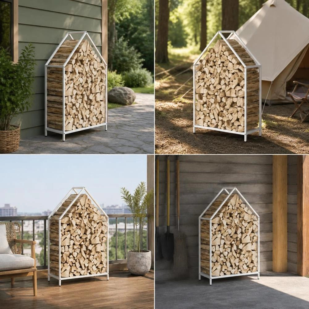 Porta legna bianco, 60x25x90 cm, in acciaio laminato a freddo – robusto e resistente, ideale per esterni, giardino e camino, pratico e durevole