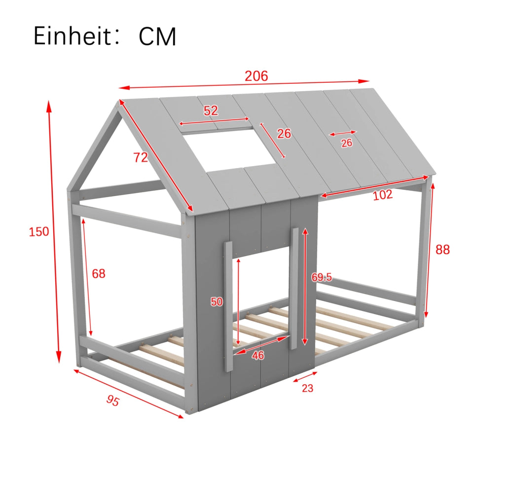 Letto singolo per bambini a casetta 90x200 cm grigio