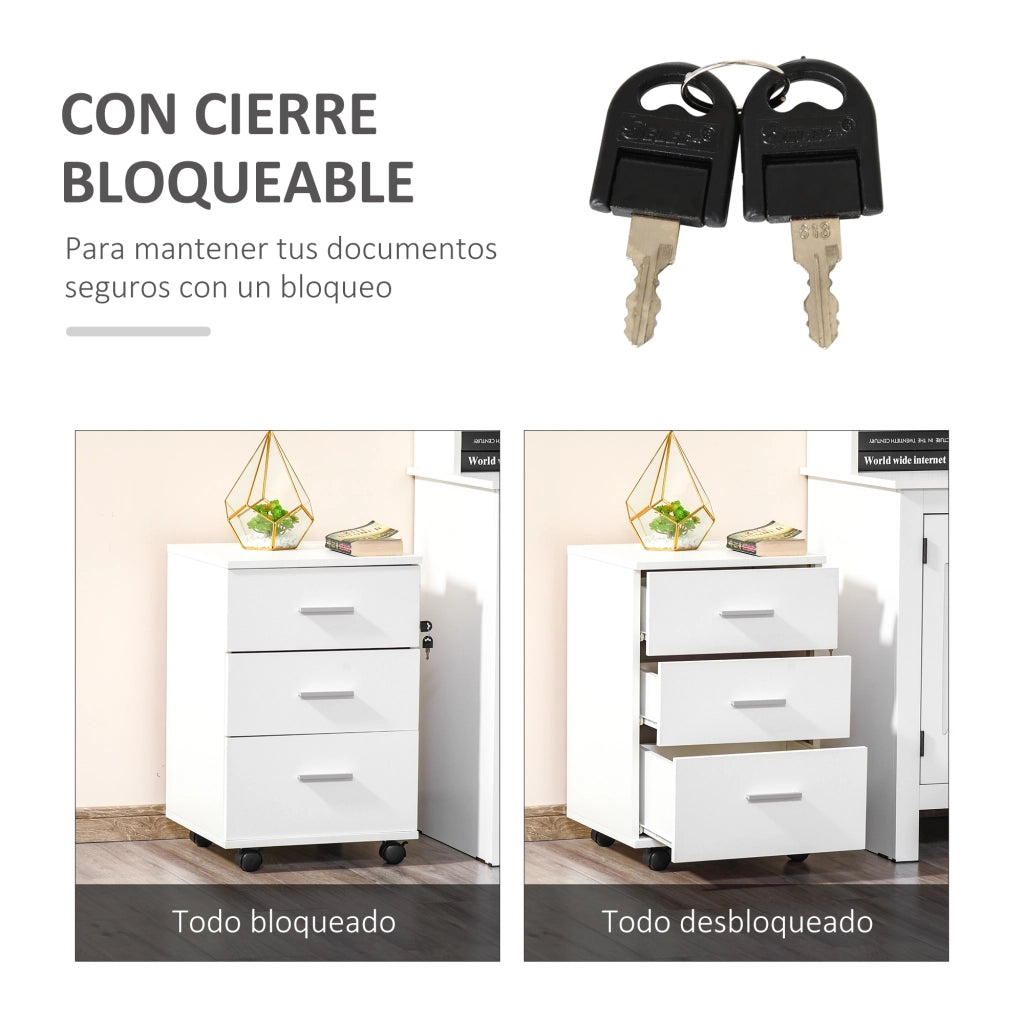 Cassettiera per ufficio con 3 cassetti, serratura e ruote ¨C zephmum ¨C Bianco 40x40x61,5 cm