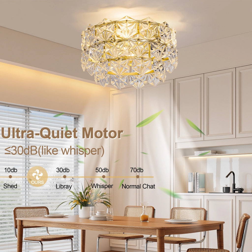 Ventilatore da soffitto 19 pollici con lampadario cristallo, stile lusso oro, motivo rombi, pale ABS, compatibile app, 6 velocit¨¤ reversibili