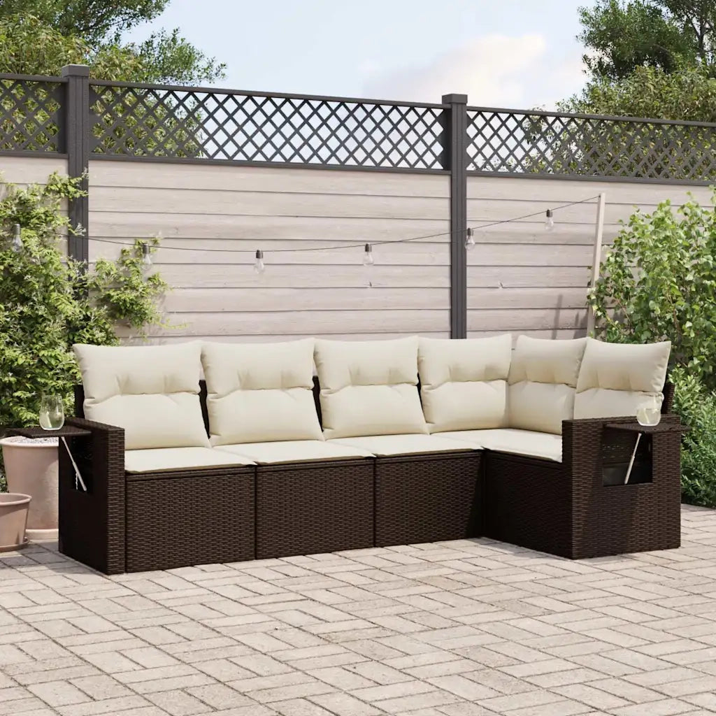 Set Divano da Giardino 5 pz | Set Salotto da Giardino con Cuscini Marrone in Polyrattan