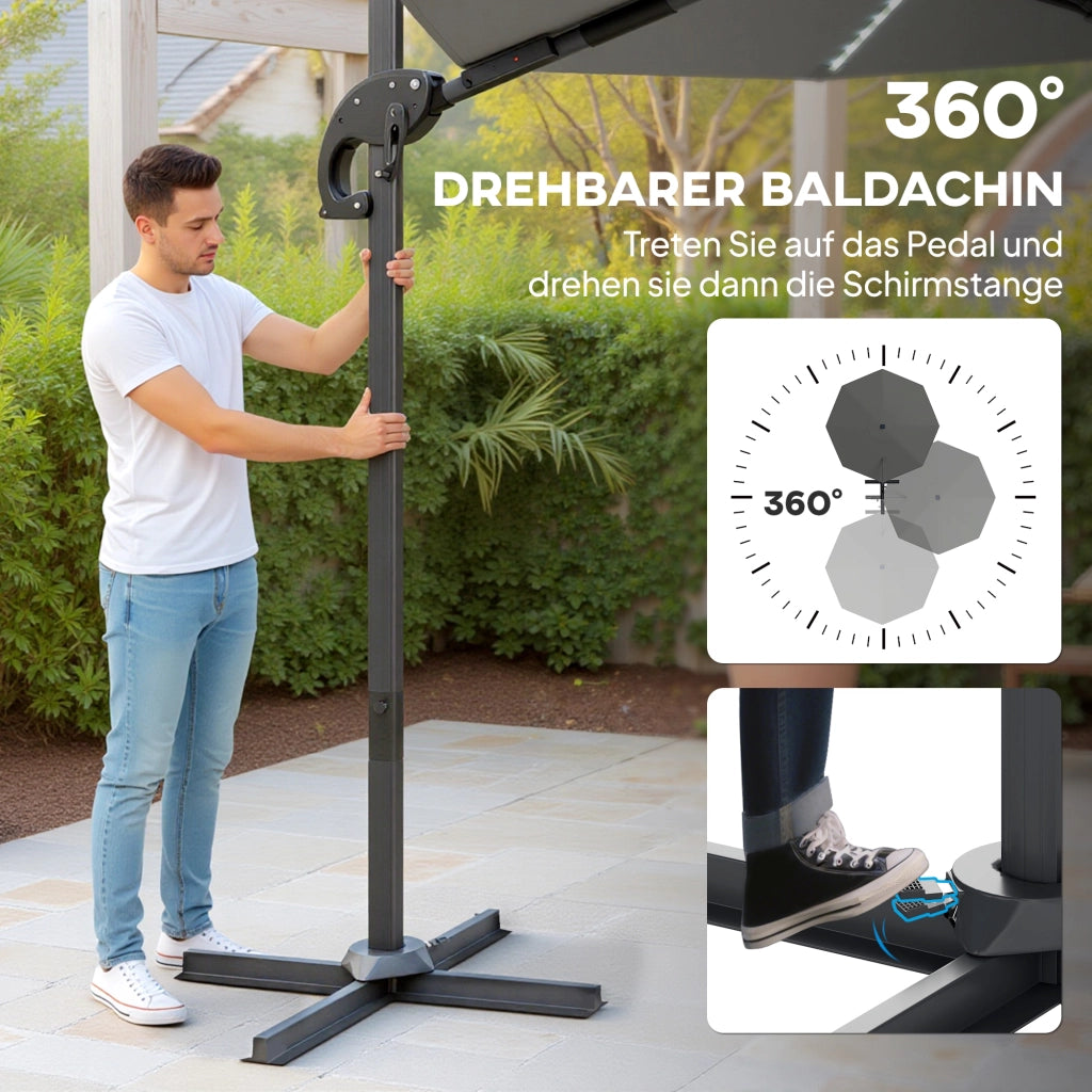 Parasole a sbalzo LED Solar ?300 cm Altezza Parasole regolabile con piepiedi UV50+ Grigio scuro