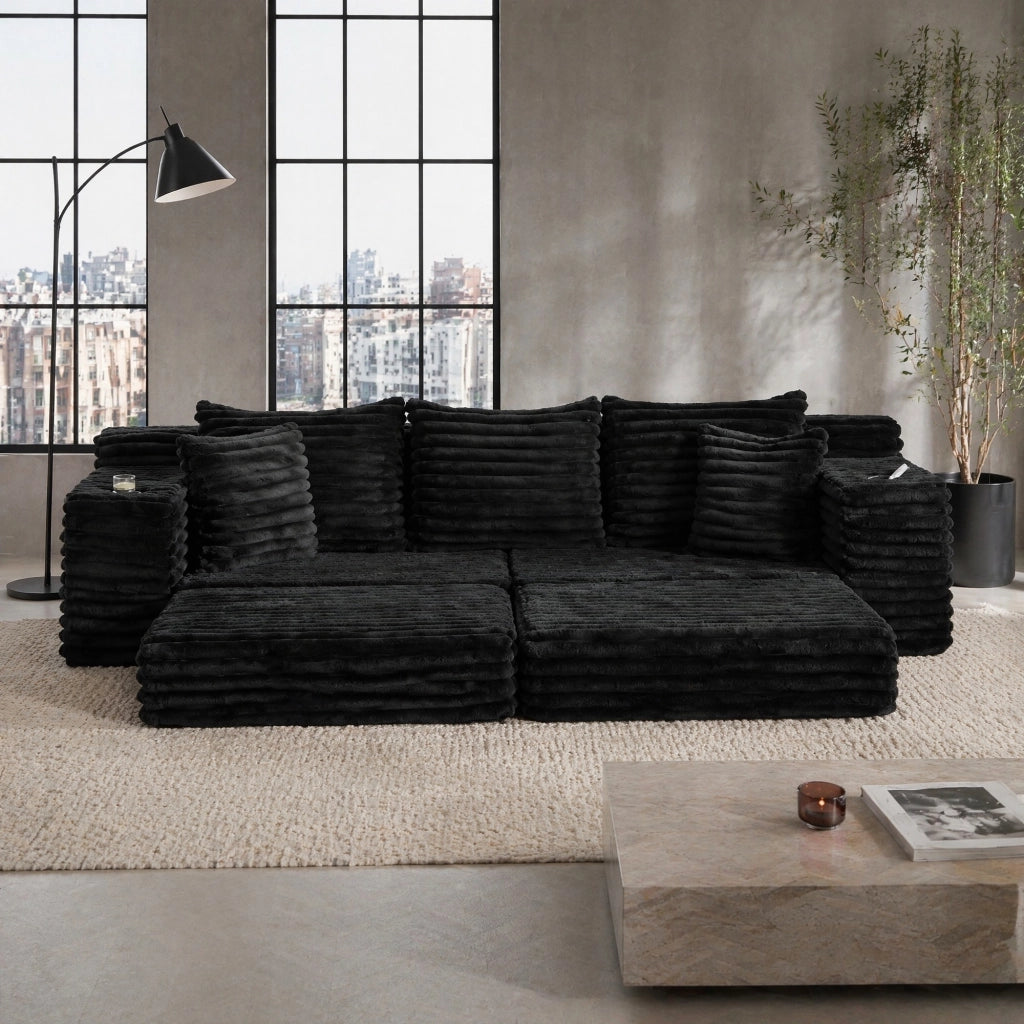 DIVANO LETTO 273x98x87 cm in velluto a coste nero, con tasche laterali e portabicchieri