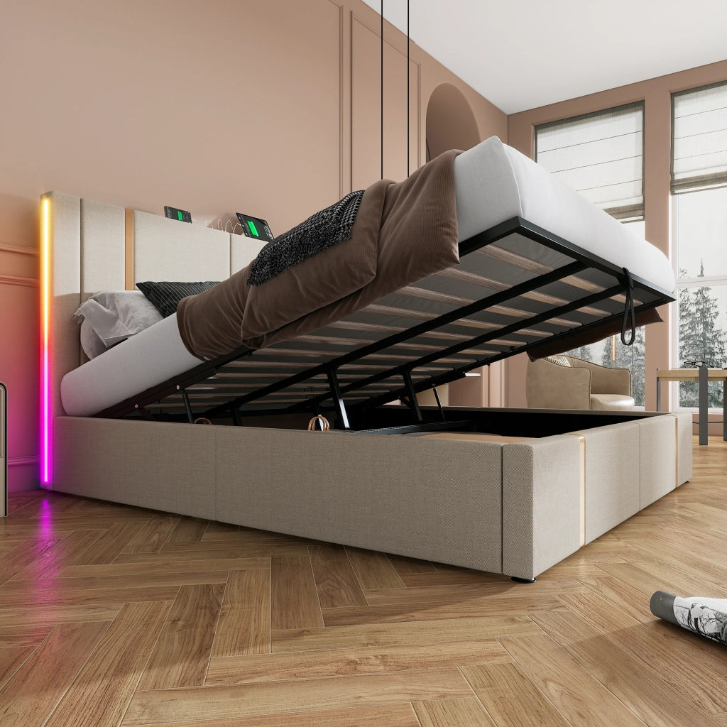 Letto matrimoniale imbottito 180x200 cm con LED RGB, porte USB e Type-C, contenitore rialzabile, beige