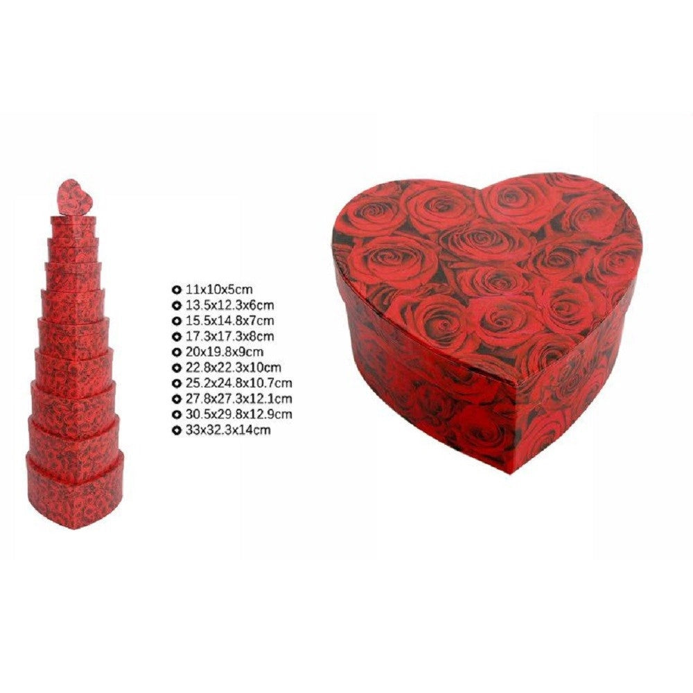 Trade Shop - Set 10 Pz Scatole Box Regali Varie Misure Matrioska Forma Cuore Rose Rosse 71967 -