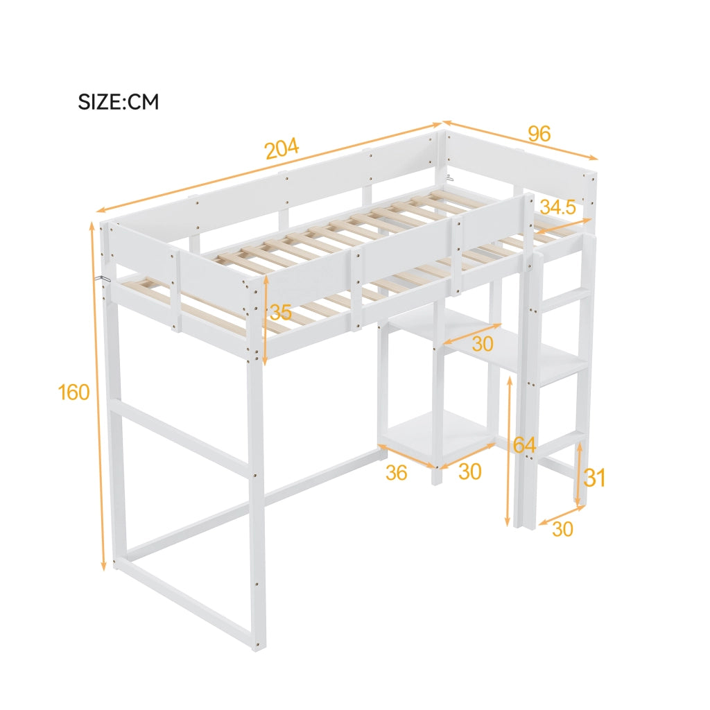 Letto a Soppalco Singolo con Scaffale e Sponde 90 × 200 cm; senza Materasso; in Legno; Bianco