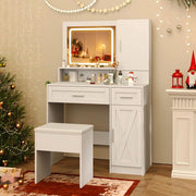Set da toeletta con specchio illuminato regolabile in 3 modalità, tavolo da trucco con stazione di ricarica e armadio di gioielli, toeletta da trucco con sgabello imbottito, bianco