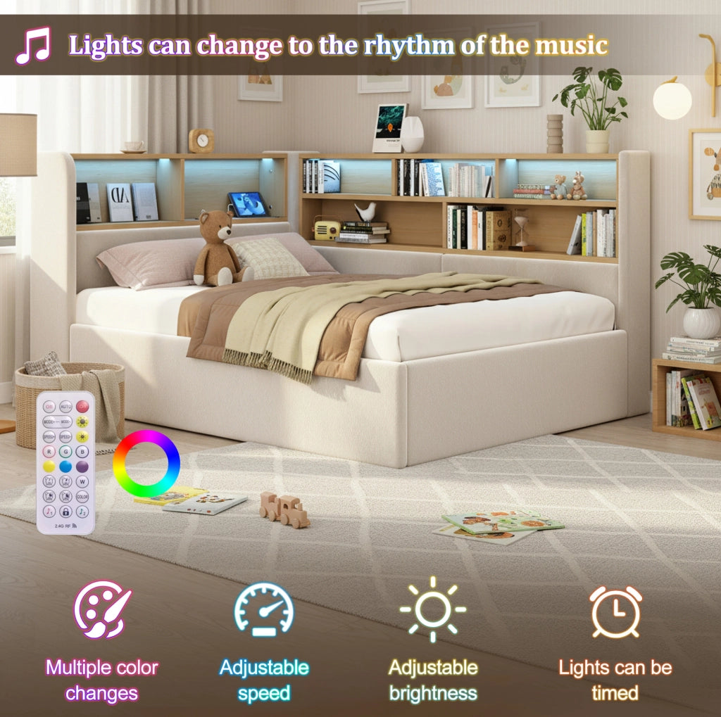 Daybed con contenitore idraulico; LED; USB e Type-C; velluto beige; 225x110x90 cm