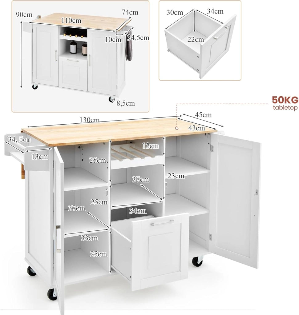 Isola cucina mobile con piano di lavoro, carrello da cucina con cassetto, portabottiglie e 2 armadi porta, carrello da portata con ruote, carrello in legno per isola cucina, 130 x 45 cm