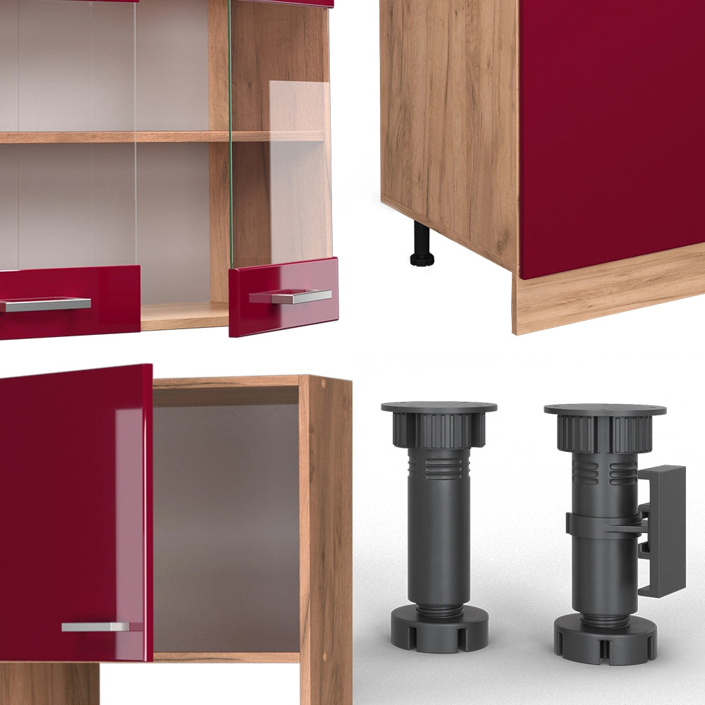 Vicco Cucina componibile Rosso lucido/rovere dorato 300 cm con armadio alto, PL Marmo