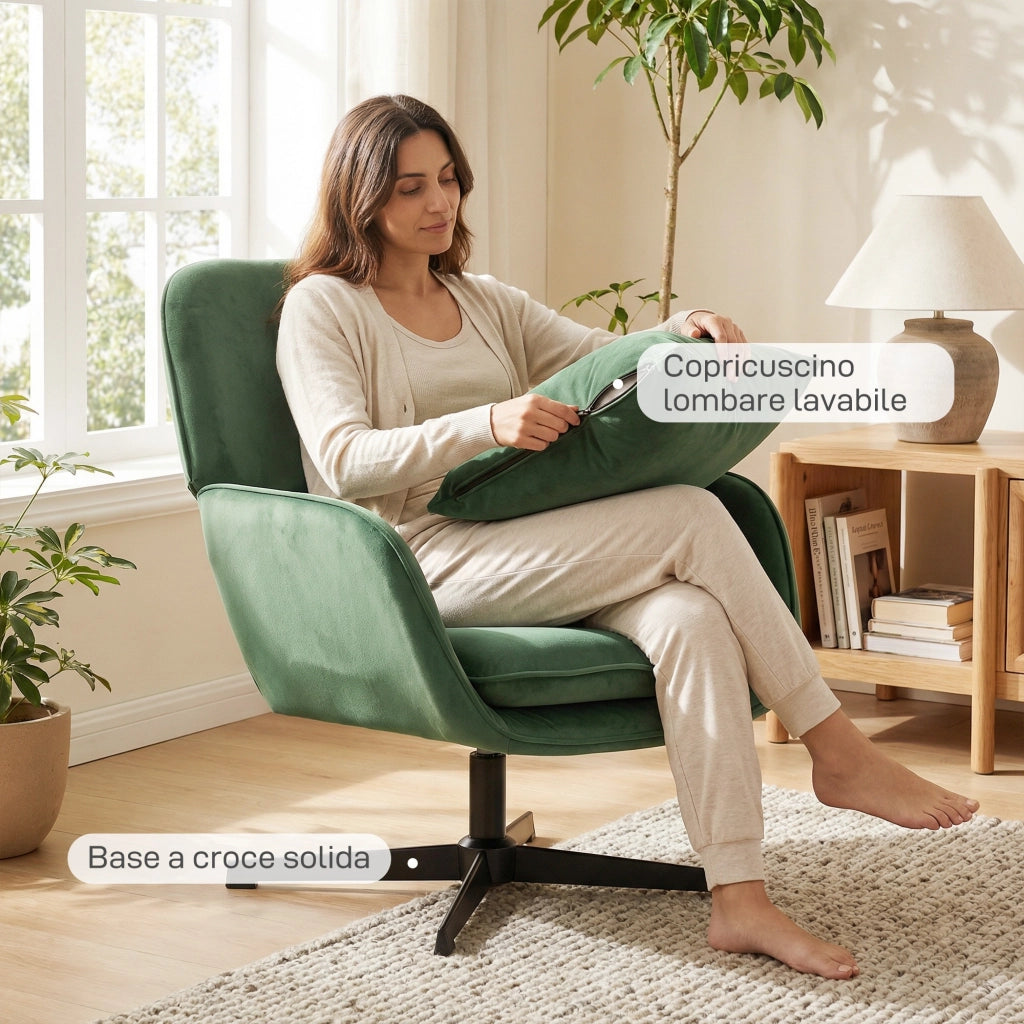 Poltrona Girevole Relax con Poggiapiedi e Cuscino Lombare ¨C Minimal ¨C Verde Velluto
