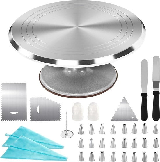 Tavolo Rotante in Alluminio da 30 cm - Stand per Torta con Maniglie di Regolazione e Spatola per Crema - Argento
