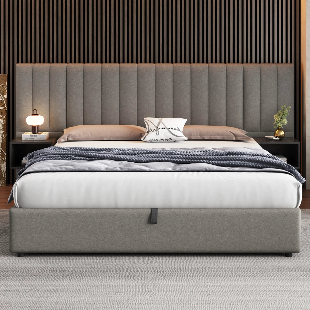 OKWISH Letto contenitore 180×200 cm, Letto Matrimoniale con Sollevamento Idraulico, 2 Comodini, senza Materasso, in Lino, Grigio e Nero