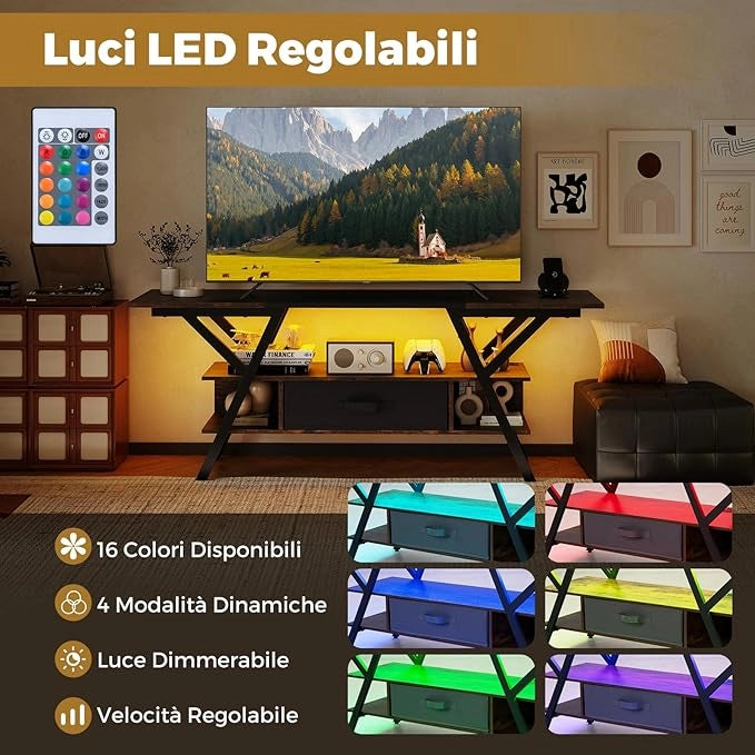 Mobile Porta TV per Schermo fino a 65'', Tavolo per TV con Luci LED Regolabili, Stazione di Ricarica e Telecomando, Consolle Media a 3 Ripiani con Cassetto per Soggiorno, 140x40x54cm (Marrone)