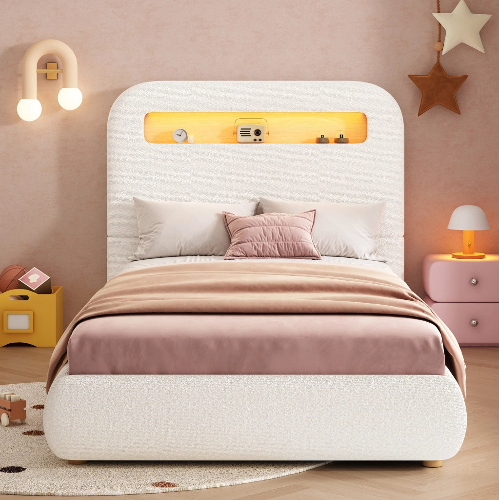 Letto imbottito con contenitore e LED in bouclé bianco