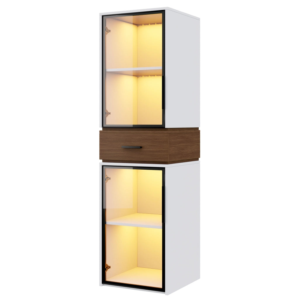 Vetrina in mdf con led e 2 ante in vetro temperato, 1 cassetto, per soggiorno e studio, bianco, 40 × 40 × 200 cm