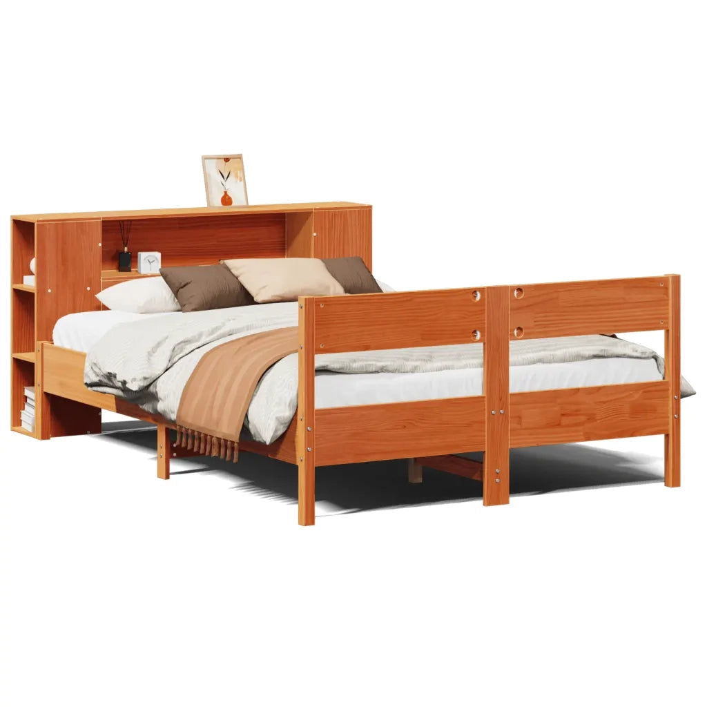 Letto Libreria senza Materasso-Struttura Letto con contenitore Marrone Cera 150x200 cm in Pino 723227