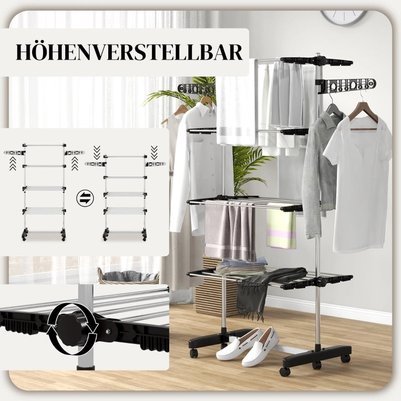 Stendibiancheria a 5 ripiani, pieghevole, con sistema one-click, 142 cm x 55 cm x 172 cm, nero + argento