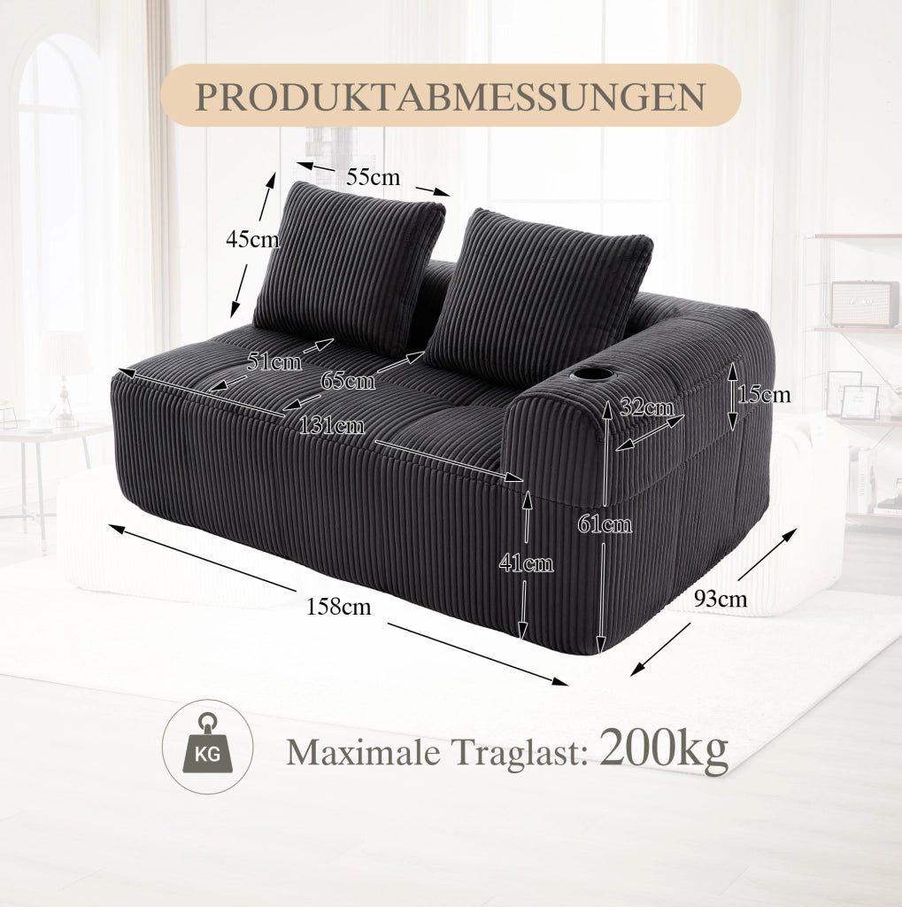 Divano a 2 posti in tessuto corduroy grigio scuro 158x93x61 cm con tasche laterali e portabicchieri