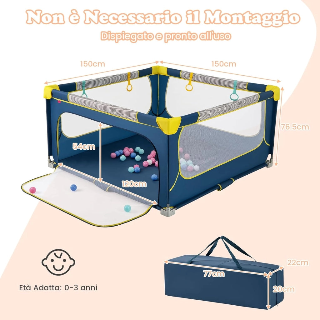 Box per Bambini 150 x 150 cm, Recinto per Neonati Pieghevole in Tessuto Oxford con Rete Traspirante, Centro Attività con 50 Palline, 4 Pezzi Anelli e Borsa (Blu, 150 x 150 cm)