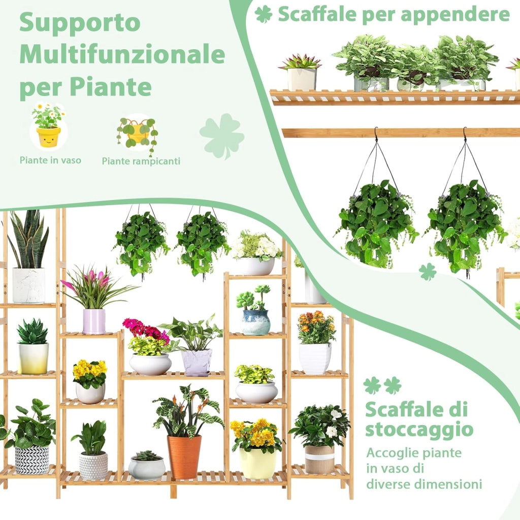 Scaffale per Piante in Bambù a 9 Livelli, Porta Fiori da Interno ed Esterno, Porta Vasi 2 in 1 con Barra e Dispositivo Antiribaltamento, 167 x 30 x 166 cm