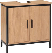 Mobile Sottolavabo per Bagno, Mobiletto Copricolonna da Bagno con Ripiano, Armadietto a 2 Ante in Legno e Metallo per Lavandino, Nero, 60x30x60cm