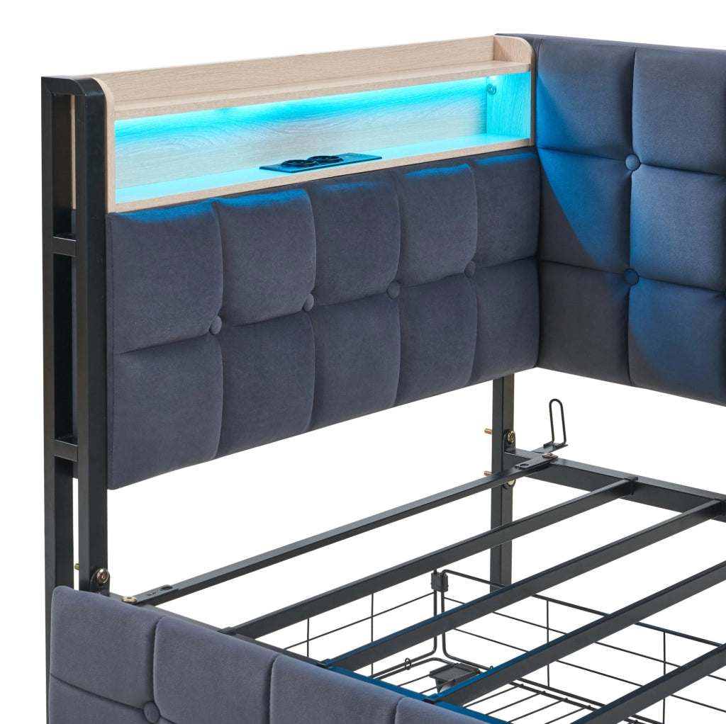 Divano letto imbottito 90x200 cm con 2 cassetti; LED e prese USB/Type-C; tessuto grigio