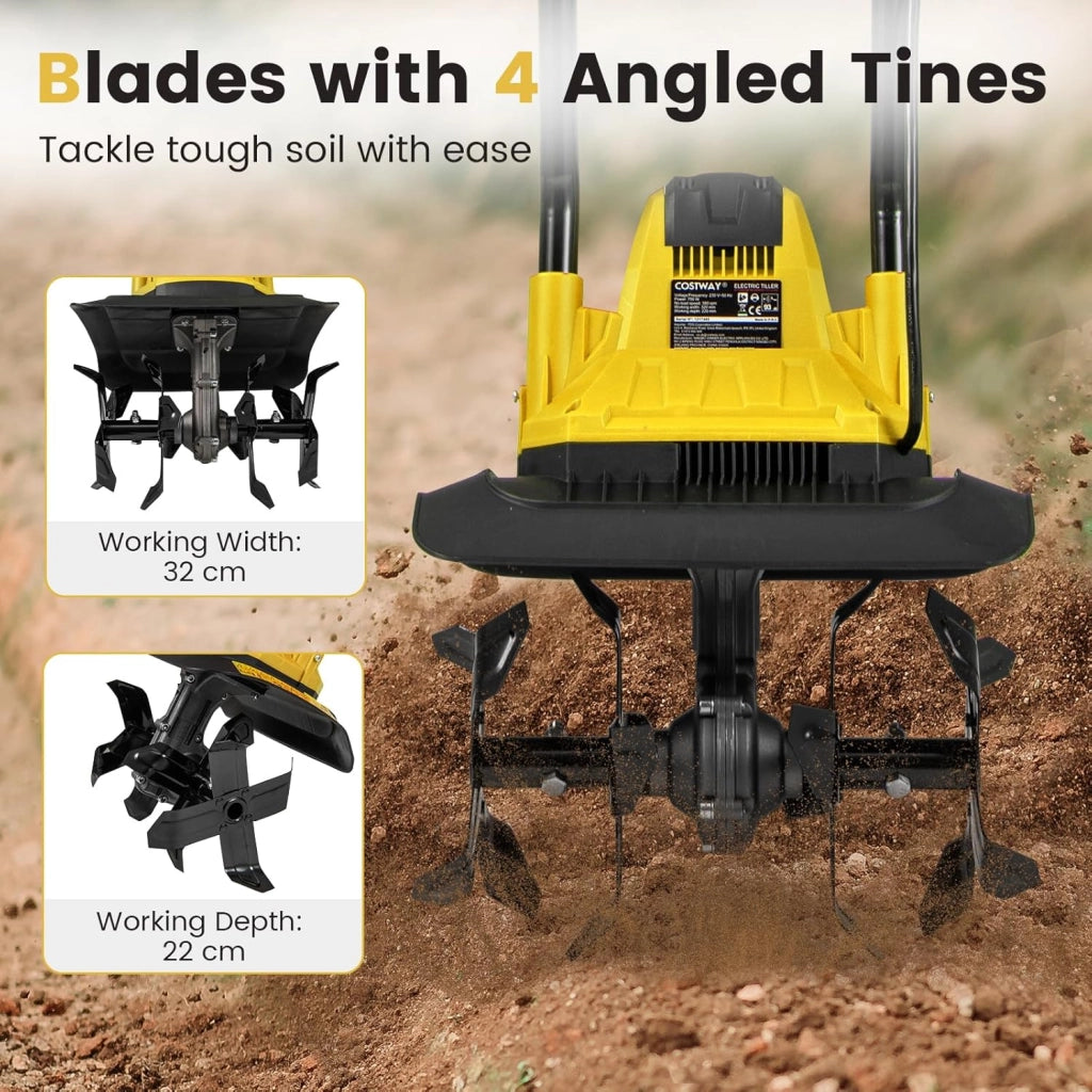 Motozappa Elettrica a Filo, Zappatrice da Giardino con Manico Ergonomico e Motore Forte, Motocoltivatore Pieghevole per Scavare Terreno del Prato (32,5 x 24 x 138 cm,Giallo)