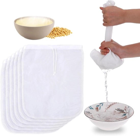 Set di 6 Sacchi di Tessuto per Strainare 12"x10" Tela di Nylon Riciclabile per Bevande Alcaline Yogurt Tè Latte Almond Soy Filtro a Tessuto Fine