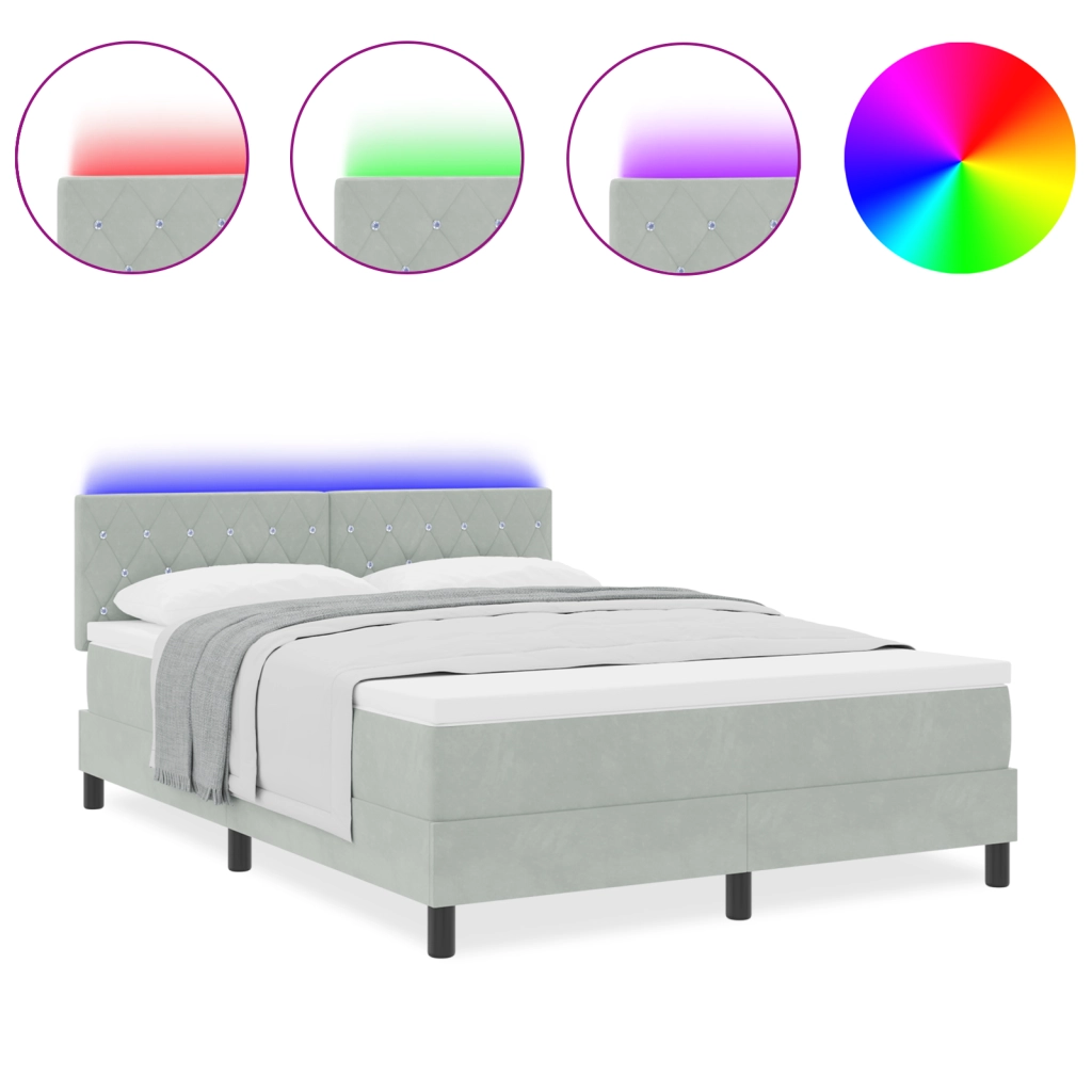 Letto Box Spring con Materasso e Luce LED Grigio chiaro 160x200 cm Velluto