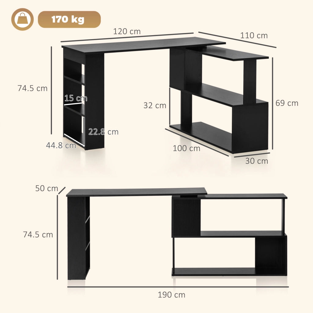 Scrivania Angolare con Piano Girevole e Ripiani ¨C zephmum ¨C Nero, 120x110x74.5 cm