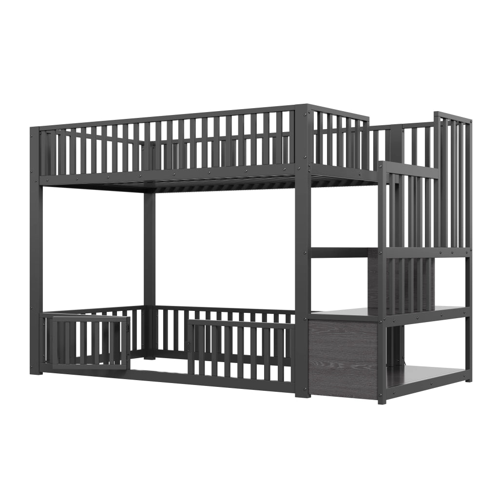 Letto a soppalco con LED - Zephmum- 90x200, Nero, Scala con spazio di archiviazione