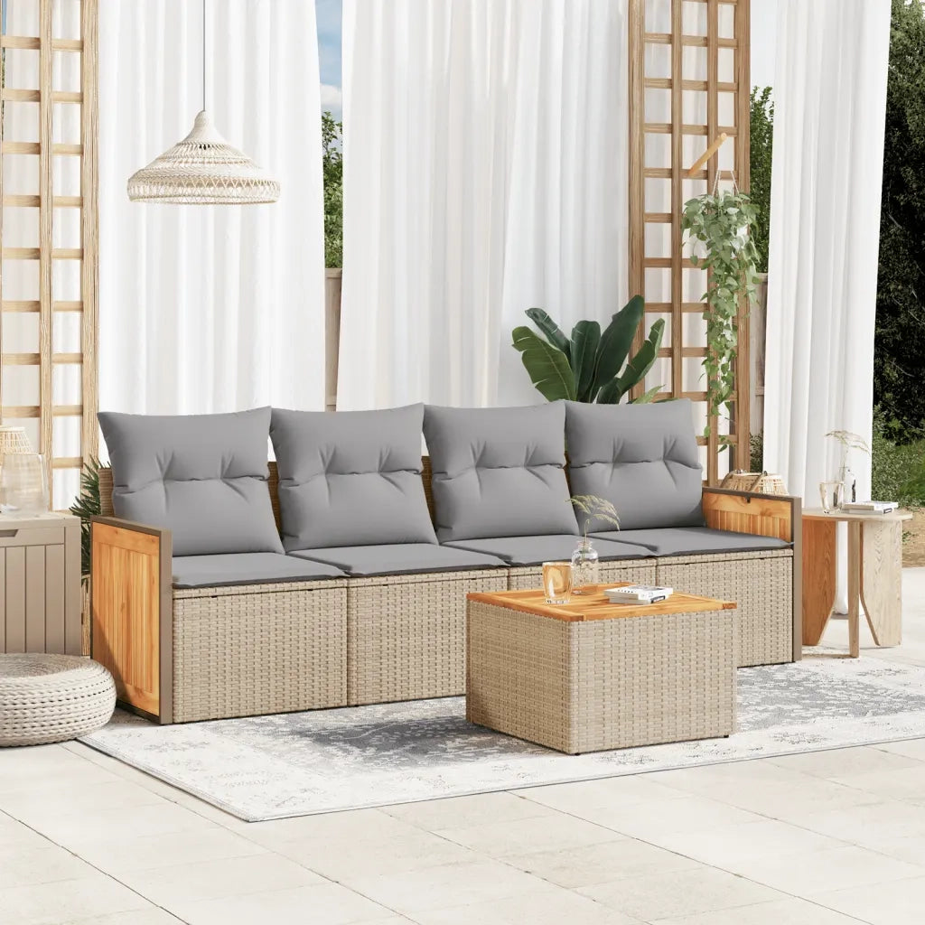 Set Divano da Giardino 5 pz | Set Salotto da Giardino con Cuscini Beige in Polyrattan