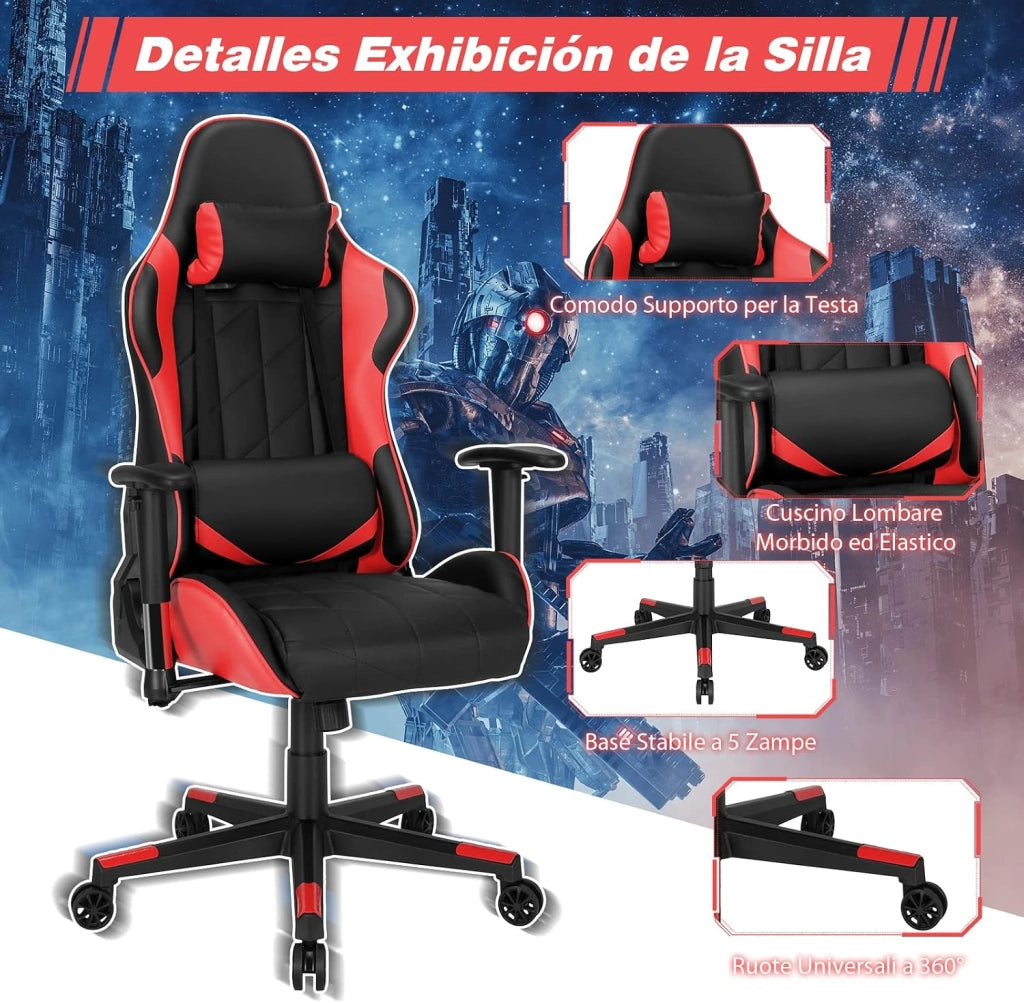 Sedia da Gaming Girevole a 360°, Sedia Ergonomica per Computer per Gaming con Poggiatesta e Cuscino Lombare, Angolo Reclinabile Regolabile (Rosso)