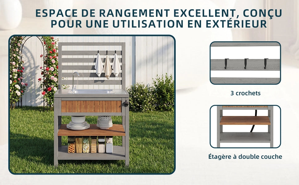 OKWISH Carrello da Cucina con Lavello, Rubinetto, Cassetto, Ripiani Regolabili e Apribottiglie per Giardino in Legno 80 × 51 × 148.5 cm