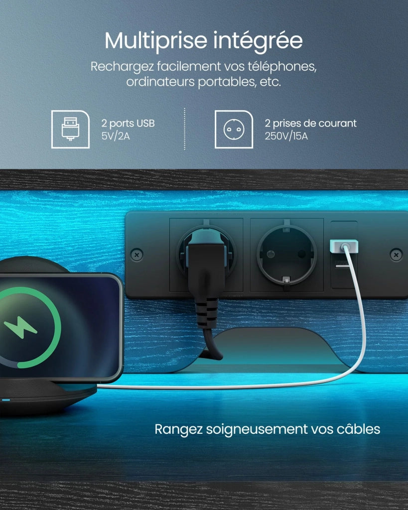 Scrivania da gioco con luci a LED e multipresa scrivania per computer con supporto per monitor tavolo con spazio di archiviazione 2 cassetti 2 porte USB finitura in legno nero 12_0004638