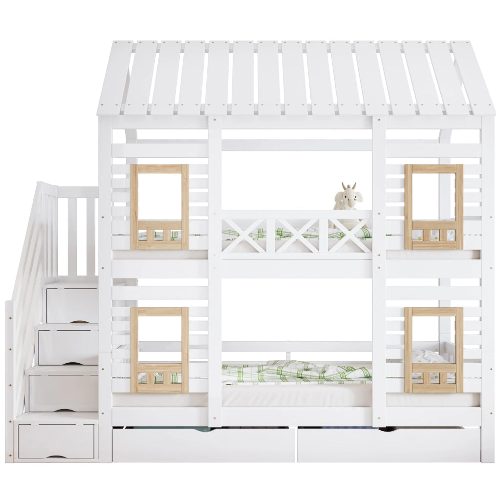Letto a castello ULEVR 90x200 cm con 2 cassetti, scala con 4 vani e finestre, bianco e naturale