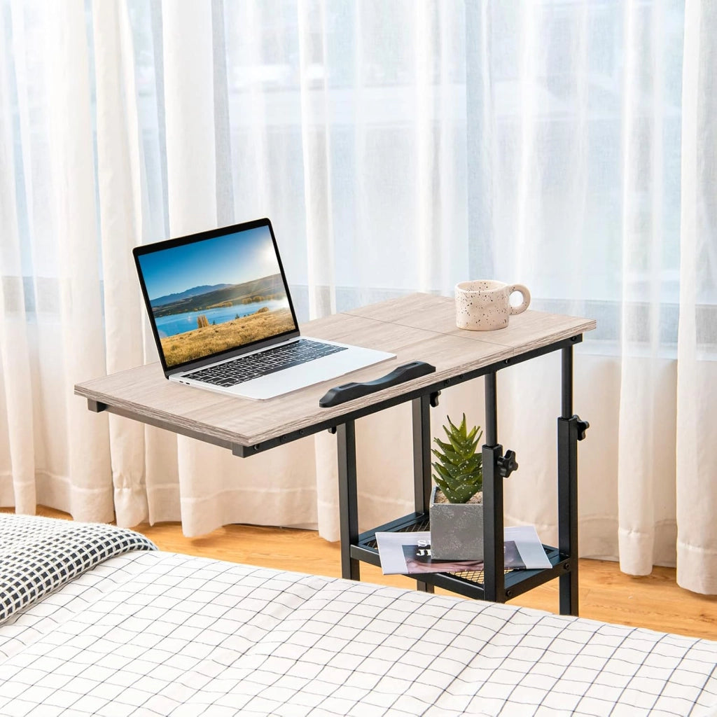 Tavolino Porta PC Regolabile in Altezza e Inclinazione, Tavolo Laterale per Letto e Divano con Ruote, Tavolino in Legno e Metallo per Salotto e Camera da letto, 80 x 40 x 64-95 cm (naturale)