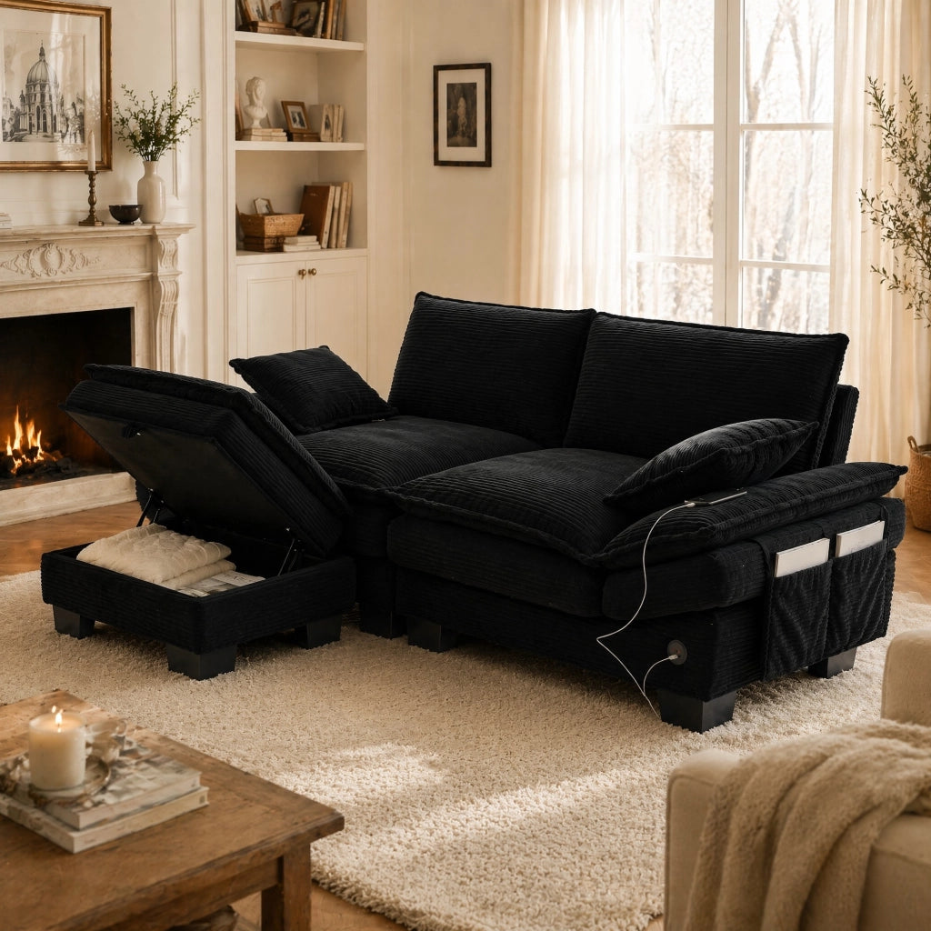 Divano 2 posti con pouf in corduroy nero; USB-C; tasche laterali e vano contenitore 190x132x84 cm