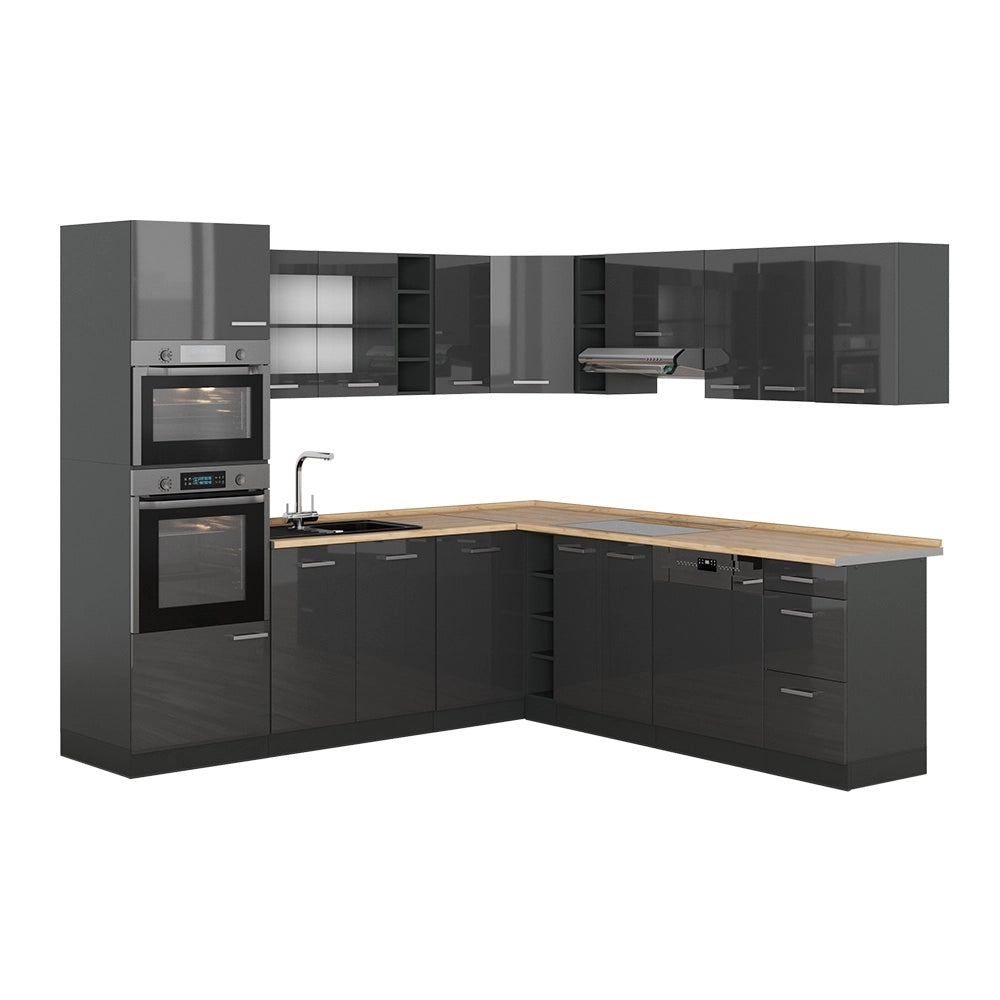 Cucina angolare completa R-Line Antracite lucido/Antracite 247 x 237 cm, PL Rovere Vicco