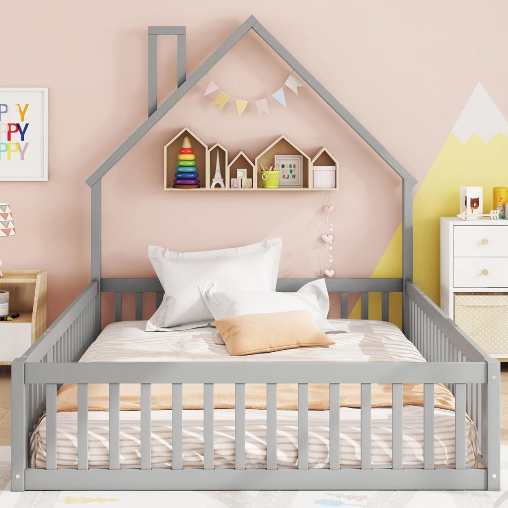 Letto per bambini 140x190 cm con sponde di sicurezza; in legno di pino e MDF grigio
