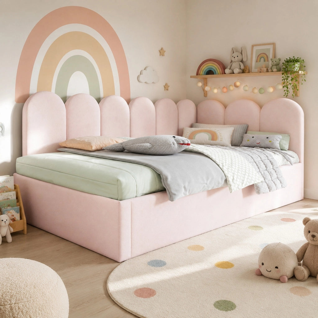 Letto daybed imbottito con letto estraibile 90x200/90x190 cm in velluto rosa