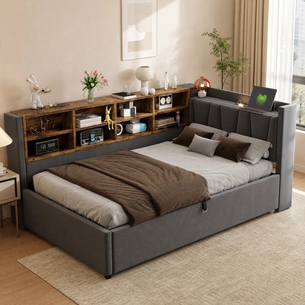 LETTO Polsterbett 90x200 cm in velluto grigio con testiera multifunzione e contenitore