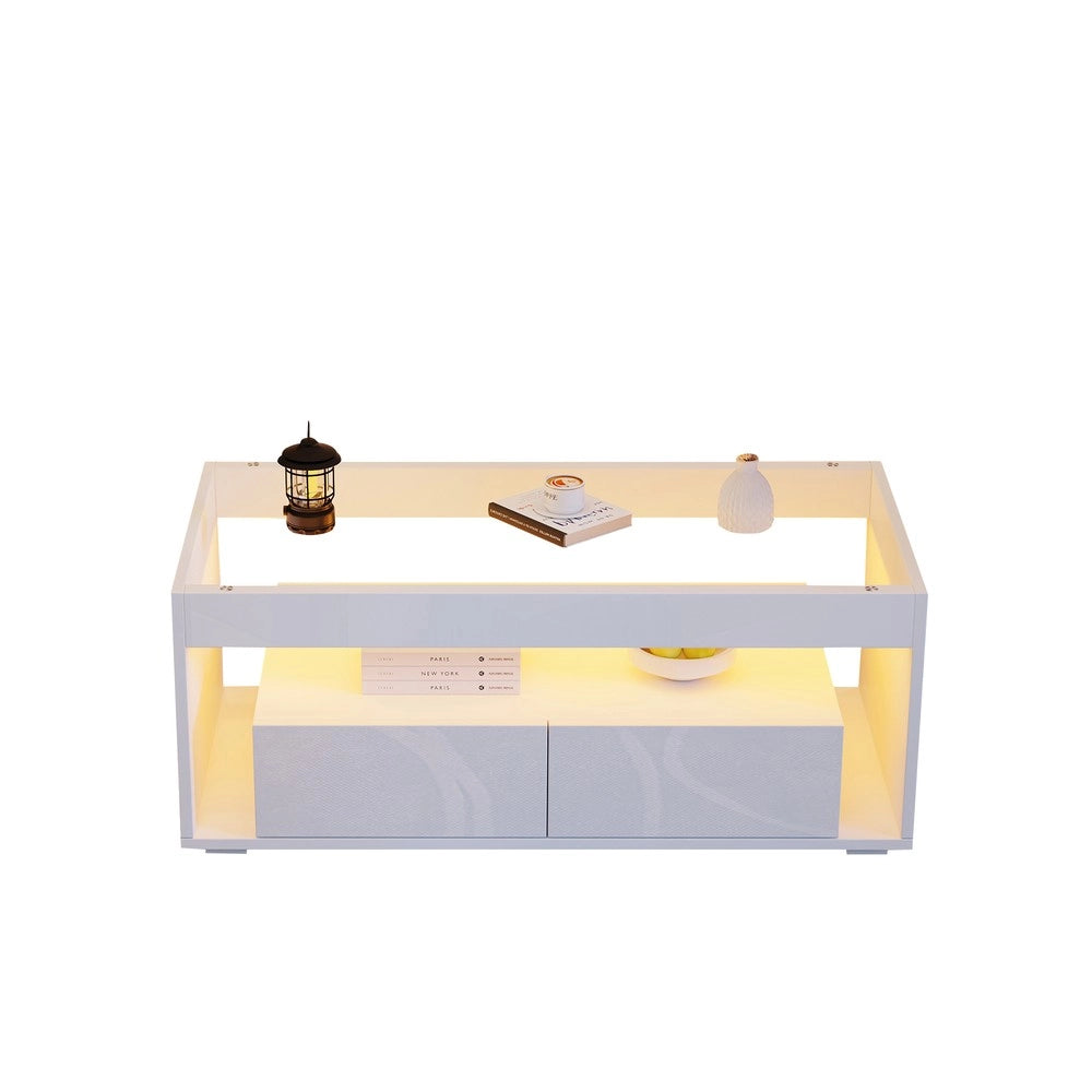 Tavolino da Caff¨¨ con LED e Cassetti ¨C MINIMAL ¨C Vetro Bianco Lucido 100x50x40